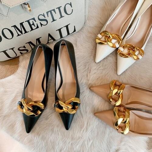 Ochanmeb Chic Elegant Stiletto High Heels Womens Natural Genuine Leather Pumps Woman Designer Gold Chain Black Beige Nude Shoes