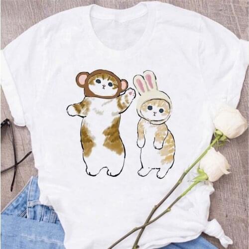 Kawaii Cat T-shrits Funny Cartoon Graphic T-shirt Women Harajuku Cute Anime Tshirt Kroean Style Fashion T Shirt Tops Tees Female