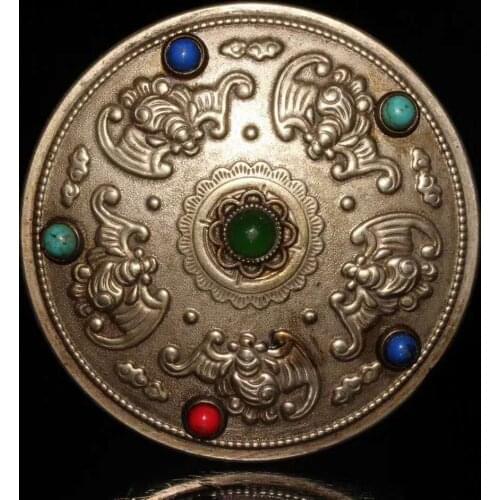 Exquisite collection of ancient Chinese cupronickel inlaid gemstone five bat ink cartridge / rouge box decoration