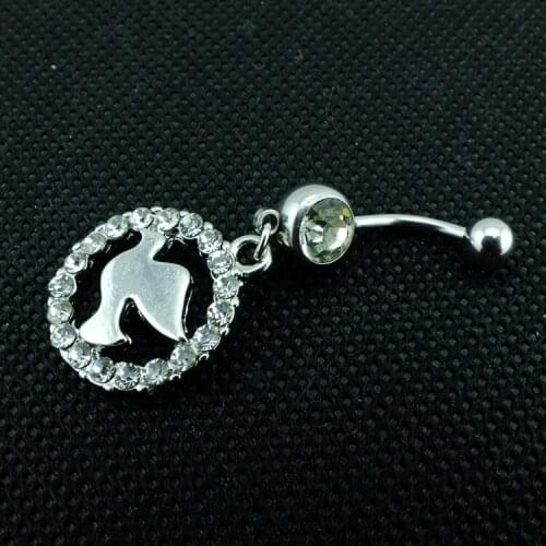JINGLANG Fashion Silver Metal Rhinestone Dangle Surgical Steel Barbell Birds Navel Rings For Women Body Piercing Jewelry