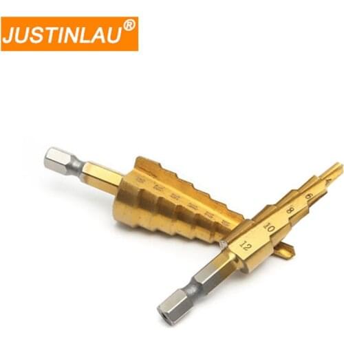 JUSTINLAU HSS Steel Titanium Step Drill Bits 4-12mm 4-20mm Step Cone Cutting Tools Steel Woodworking Wood Metal Drilling