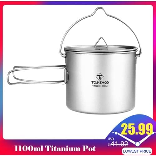 TOMSHOO 1100ml Titanium Pot Titanium Water Mug Cup with Lid and Foldable Handle Outdoor Camping Pot Cooking Pots Picnic Hang Pot