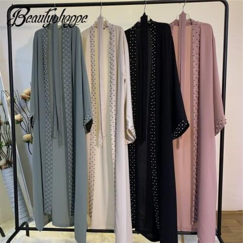 Islamic Fashion Women Pearls Kimono Robe Modest Dress Long Elegant Cardigans Muslim Clothing Front Open Abaya