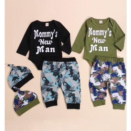 3Pcs Baby Boys Outfit Long Sleeve Round Collar Letter Bodysuit Cartoon Dinosaur Printing Long Trousers Cap Casual Set