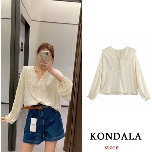 KONDALA ZA Fashion 2021 Women Cotton Lightweight cream color Shirt Trim Embroidered neckline Ladies Tshirt Mujer Tops