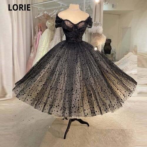 LORIE 2021 Vintage Black Polka Dotted Tulle Short Prom Dresses Cap Sleeves Beads Fluffy Skirt Ankle Length Formal Party Gowns