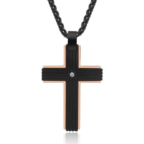 Black and Rose Gold Cross Pendant Mens Necklace Rhinestone Stainless Steel Prayer Necklaces Male Jewelry Gift 24Inch