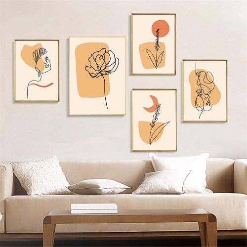 Single Body Face Line Drawing Wall Art Print Orange Abstract Sun Moon Canvas Poster Plant Minimalist Painting Picture Home Decor