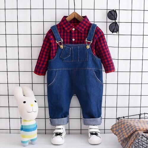 New 2020 Spring Autumn Children Clothes Baby Boys Girls plaid Lapel Shirt bib Pants 2Pcs/sets Kids Infant Clothing Toddler sets