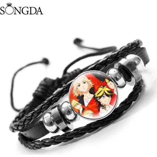 New Fashion Anime Tokyo Revengers Multi Layer Bracelet Charm Black Leather Bead Glass Dome Bangle Unisex Jewelry Decoration Gift