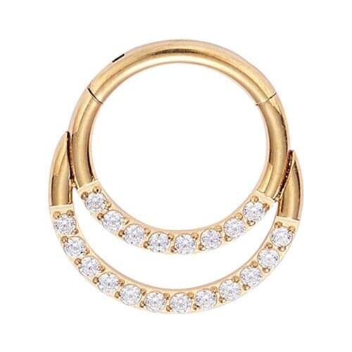 Gold PVD ASTM F136 Titanium Crystal Teardrop Clicker Hinged Ring Nose Piercing