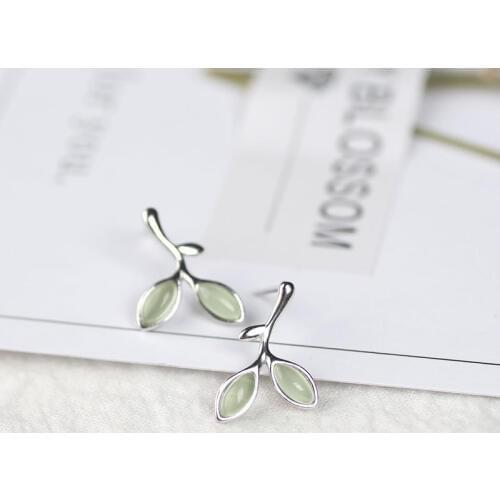 Leaf Shape Stud Earring 925 Sterling Silver Earings for Women Opal Green Stone Ear Pierced Earings
