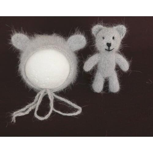 Gray Teddy Bear Hat Mohair Bear Bonnet and doll set Animal Ears Newborn Hand Knitted bonnet Newborn photography props