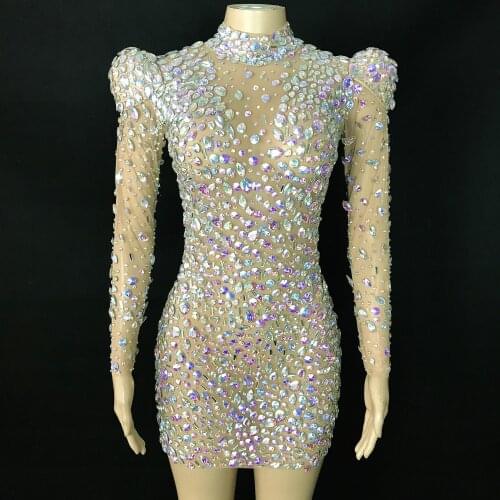 AB BIG Stones Mesh Dress Prom Singer Dance Performance Sexy Outfit Evening Birthday Celebrate Colorful mini Dresses