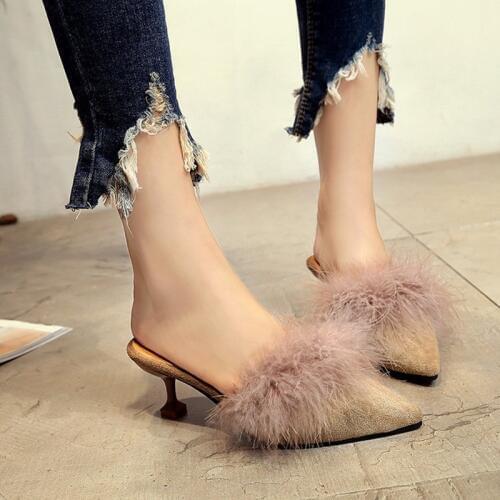 New women fur slides slippers for outside summer fashion shoes thin heel black green beige brown Khaki flip flops sandals grils