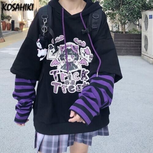 KOSAHIKI Harajuku Spring Fleece Fake Two Piece Hoodies Cartoon Print Kawaii Hooded Sweatshirt Loose Casual Patchwork Women Tops