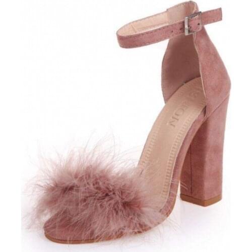 Ankle Strap High Heels Faux Fluffy Rabbit Fur Women Sandals 2021 Thick High Heel Party Wedding Summer Lady Shoes