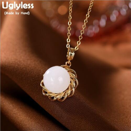 Uglyless New Arrived Natural Jade Flower Necklaces for Women Real 925 Silver Bijoux Gold Pendants + Chains Twisted Jewelry P1127