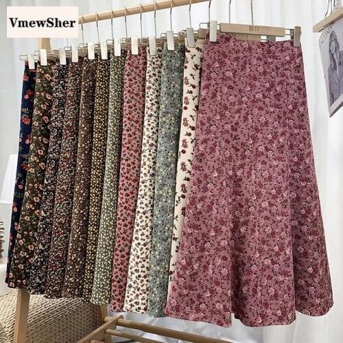 VmewSher New Vintage Spring Autumn Women Skirt Floral Corduroy Lady Elegant Mid-calf Long Casual Skirts Flower Print Chic Skirt