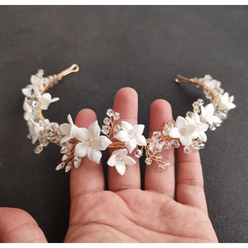 SLBRIDAL Handmade Luxury Rhinestones Crystal Pearls Ceram Flower Bridal Tiara Wedding Bridesmaids Crown Women Hair Jewelry