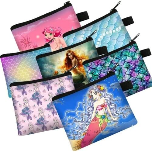 2021 Disney Mermaid Coin Purse for Women Girls Cartoon Print Mermaid Mini Zipper Key Storage Bag Girls Birthday Xmas Gifts