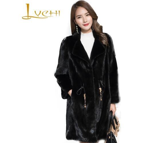 LVCHI Winter 2019 Import Natural Real Mink Fur Coat Womens Long Sleeve Turn-Down Collar Tight Waist Rope Loss Slim Mink Coats