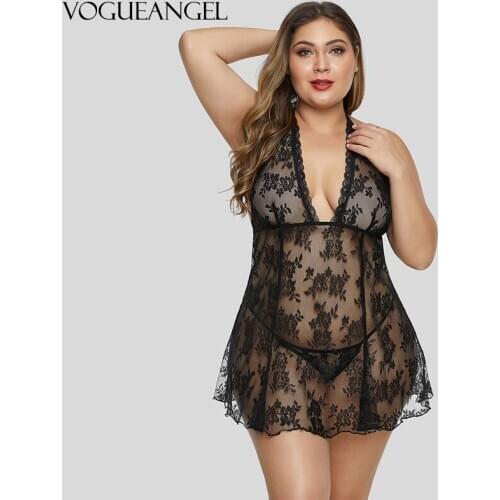 Women Sexy Erotic Lingerie Lace Sleepwear Dress Transparent Hollow-out See Through Pijama Underwear Night Gown L-5XL Plus Size