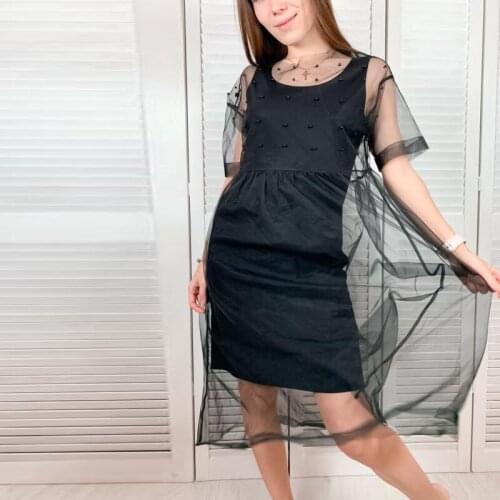 Women Vintage beaded pearls Lace Patchwork Party Dress Short Sleeve O neck Solid Elegant Casual Mid Dress 2021 Spring New Dress