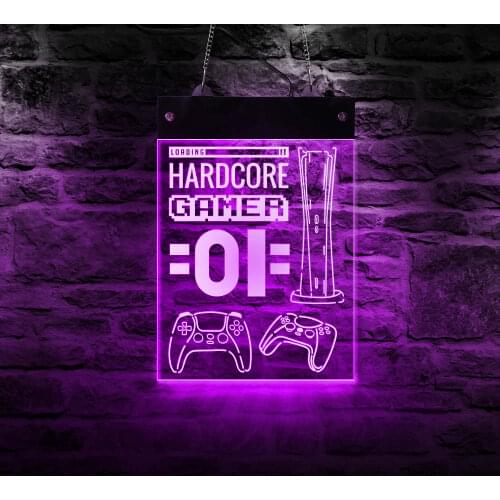 Hardcore Gamer Wall Sign for Cool Light Gamepad Joystick Rectangle Acrylic Neon Board Multi-color LED Lighting Gaming Room Decor