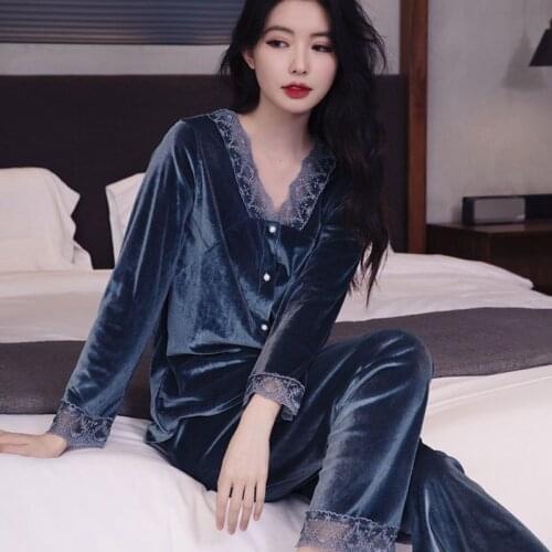 2PCS Sleepwear Intimate Lingerie Women Pajamas Suit Autumn New Pyjamas Casual Velour Bathrobe Lace Shirt&Pants Set