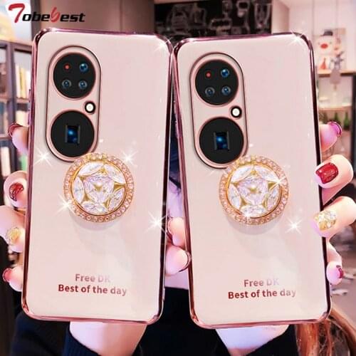 Bling Diamond Finger Ring Plating Silicone Case For Huawei P50 Pro Coque Stand phone holder Soft TPU Cover