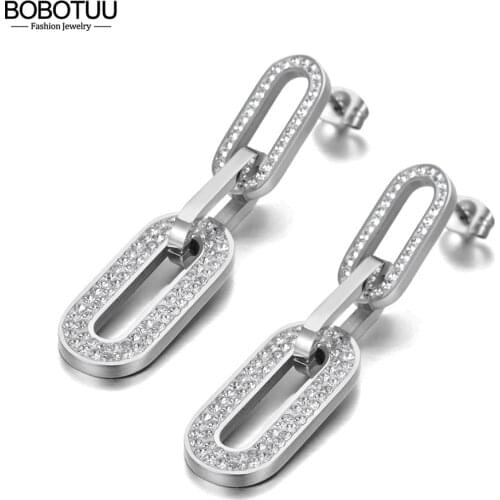 BOBOTUU Fashion Original Design Titanium Steel Geometry Thick Chain Earrings Bohemia CZ Crystal Party Jewelry For Women BE20139