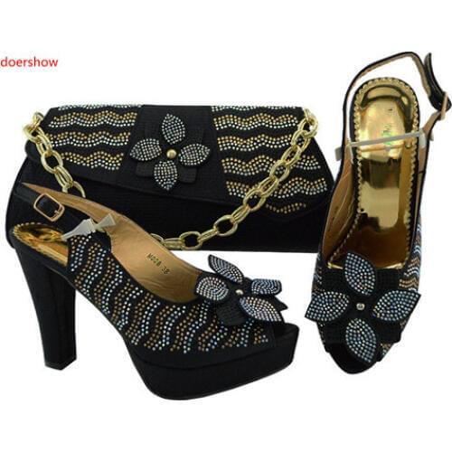 Doershow African Matching Shoe and Bag Set Decorated with Rhinestone Nigerian Women Shoes and Bag Set for Wedding TGF1-45