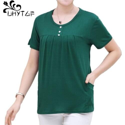 UHYTGF 4XLOversized T-Shirt Women Middle-Aged Mother Casual Summer Tops Female Solid Thin Cotton Comfortable Ladies Blouses 1466