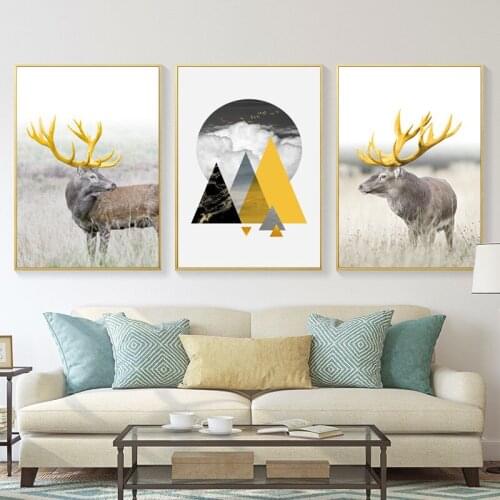 Geometric Abstract Animals Yellow Deer Elk Mountain Black Color Block Canvas Painting Wall Picture Poster Living Room Decoration