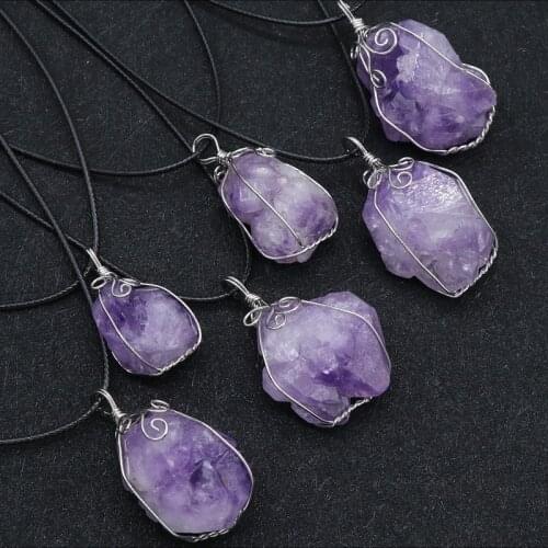 Wire Wrapped Crystal Necklace Reiki Healing Stone Purple Quartz Rock Cluster Flower Natural Amethysts Pendants Necklaces