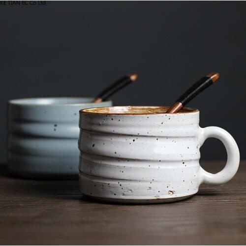 Japanese Style Stoneware Coffee Cup Handmade Ceramic Threaded Mug Large-capacity Home Garland Latte Cup Couple Retro Mug 400ml