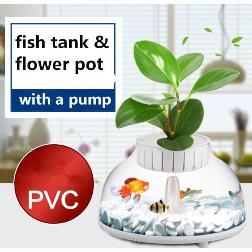 Mini Aquarium Fish Tank with Hydroponic Pot Water Garden Ecological Fish Tank Aquarium Kit for Desktop Decor with a air pump