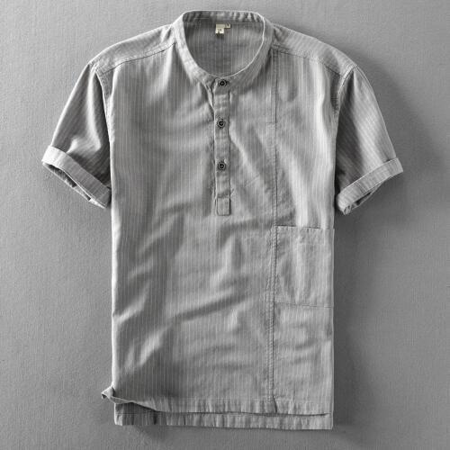 Plus Size M-4XL Cotton Linen Men Shirt Casual Short-Sleeved Summer Pullover Shirts For Men Strip Tops Camisas Clothes Men TS-730