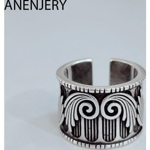 ANENJERY 925 Sterling Silver Fashion Personality Retro Angel Wings Thai Silver Ring Men Design Opening Ring Party Jewelry S-R526