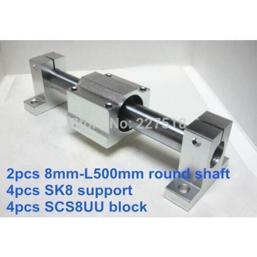 8mm linear set: 2pcs 8mm - 500mm linear round shaft + 4pcs SK8 shaft support + 4pcs SCS8UU linear bearing block