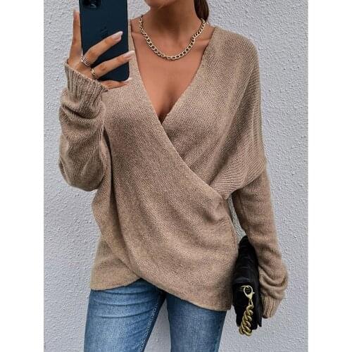 2021 Autumn Winter New Cross-Shaped Loose Female Knitting Daily Commuting Sexy and Comfortable Thin Single-Wear Sweater