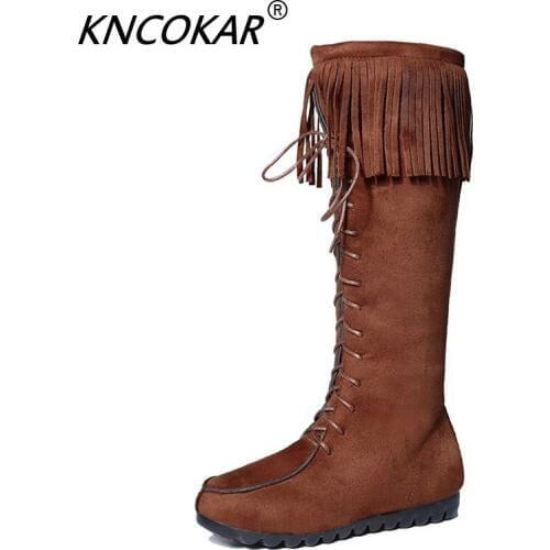 KNCOKAR New winter round head female boots suede tassel bind boots, high boots and velvet thickening knight 36-40