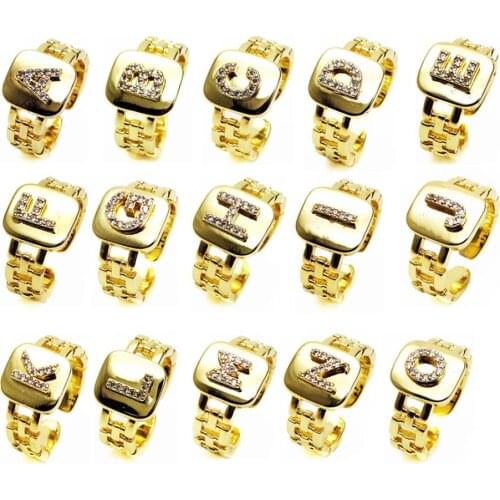Opening adjustable ring 26 English letter rings watch strap style ring Copper Zircon Letter Rings for women Party Jewelry