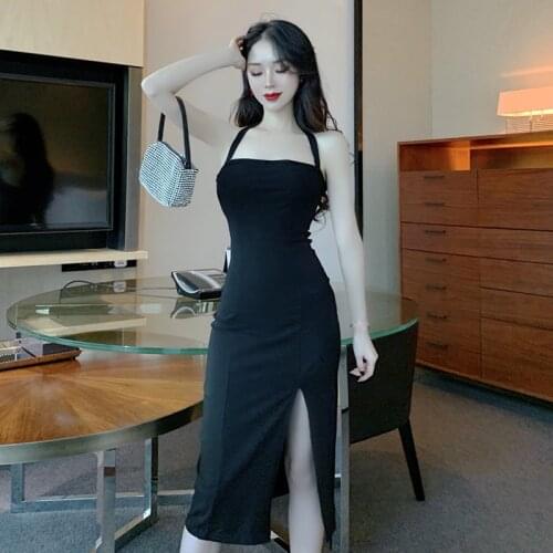 Sexy Split Fork Spaghetti Strap Slim Waist One-Piece Women Dress Vintage Chic Temperament Party Female Dress 2021 Summer Vestido