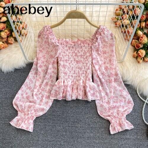 2021 New Summer Sweet versatile square collar Lantern Sleeve Shirt high waist pleated Ruffles print short Shirt Top