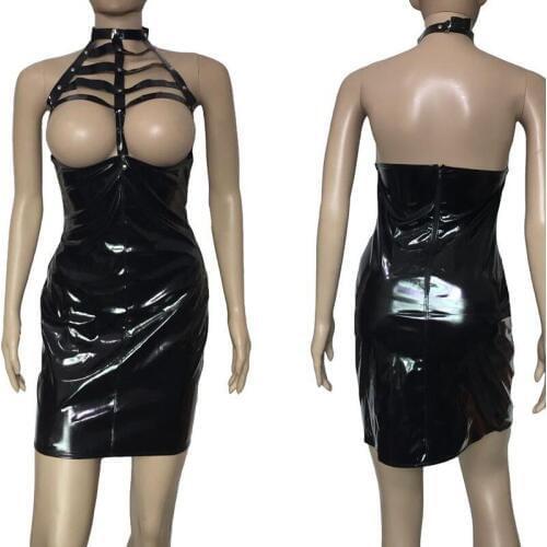 Sexy Wet Look Shiny Vinyl Cupless Open Cup Mini Dress Caged Halter Neck Zipper Back Mistress Role Play Fetish Costume