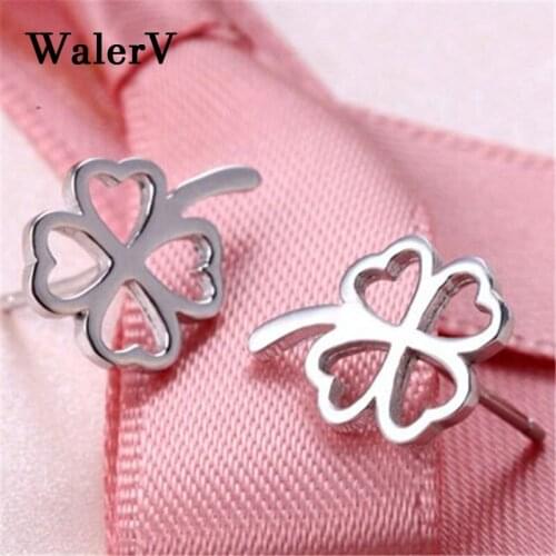 WalerV Sterling Stud Earring Fashion Charm Four Leaf Grass Shape Korean Version Earrings Jewelry For Women Girl