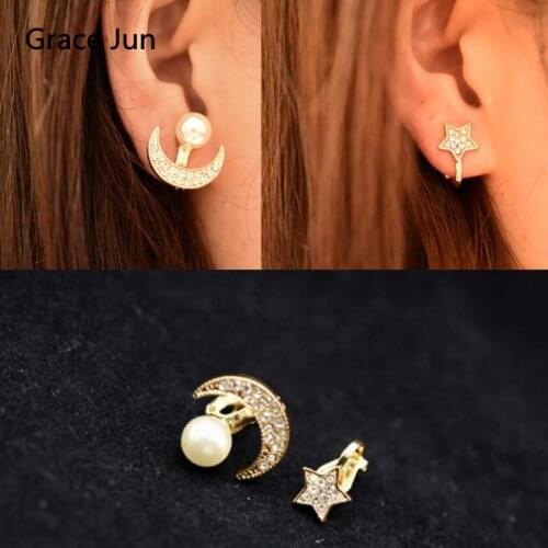 Korea Style Simulated Pearl Rhinestone Moon Star Clip on Earrings No Pierced for Girl Party Birthday Luxury Jewelry Accessory
