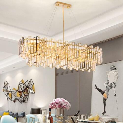 Modern Rectangle Gold Crystal Chandelier For Dining/Living Room Kitchen Island LED Light Fixtures Luxury Indoor Lighting